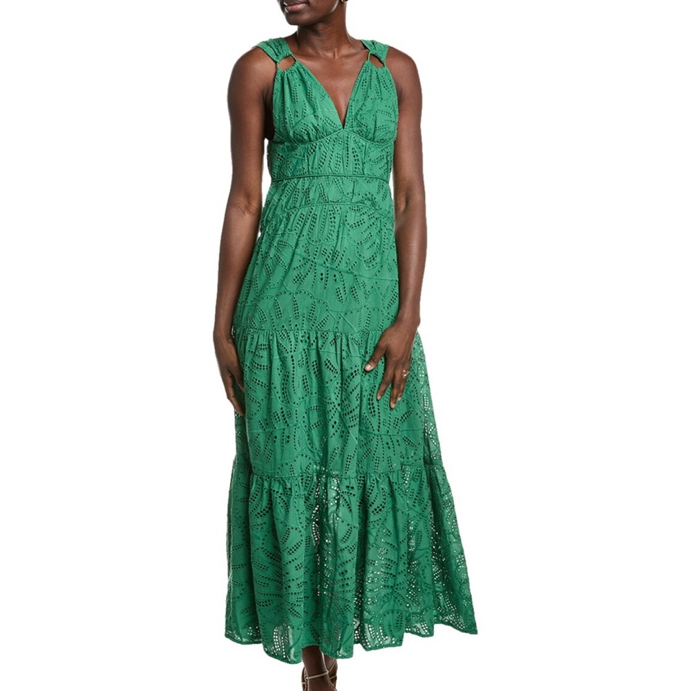 NWT, FARM RIO, Green Monstera Corset Eyelet Tiered Maxi Dress